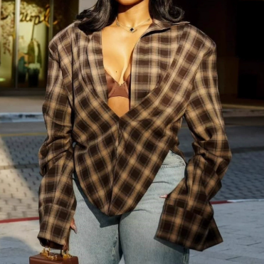 秋のエレガントクラシックチェックトップス：ルーズで快適なスタンドカラーデザイン不規則フロントオープンファッションアイテム