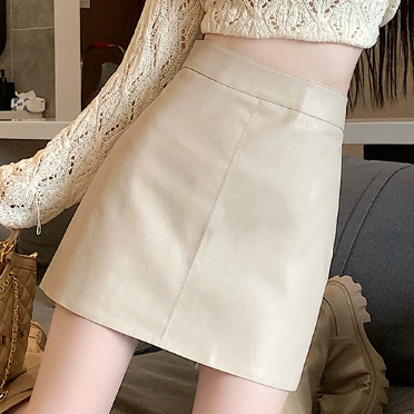 クラシックブラックレザーハイウエストAラインミニスカート 春秋エレガント防走光スカート