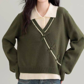 2025秋冬新作 新中式ボタンデザインのフェイクツーピース ロングスリーブニット